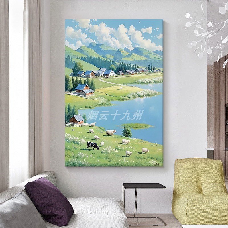 治愈系风景手绘油画客厅小清新自然风光装饰画玄R关牛羊群草原挂图片