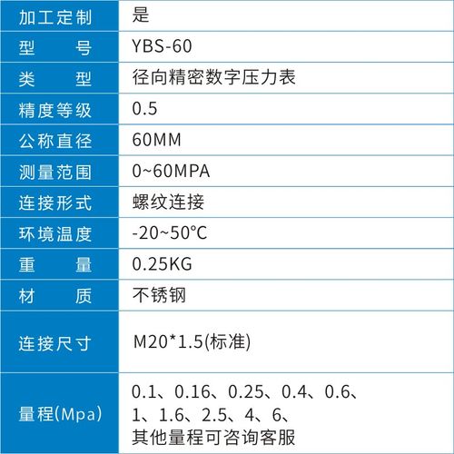 精密数字压力表 YBS-60 0.5级径向数显压力表 不锈钢 接头M20*1.5