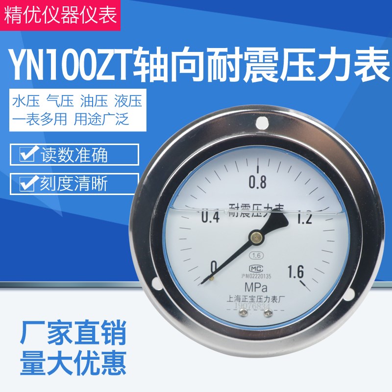 yn100zt轴向带边耐震压力表0-0.6/1.6/25/40/60Tmpa背接面板式安