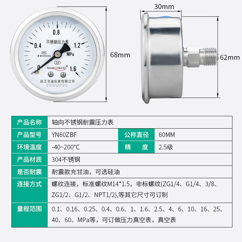 不锈钢压力表YN60ZBF轴向M14*1.5 J2分耐腐蚀耐震型油压水压气压