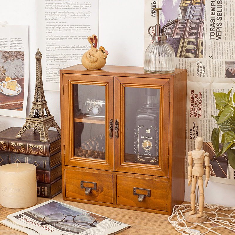 实木桌面置物架复古收纳盒化妆品收纳柜子美式抽屉式学生储物柜大