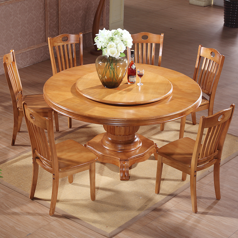 圆形餐桌实木椅子家用带大圆u形转盘组合酒店餐厅吃饭圆桌子1.8米