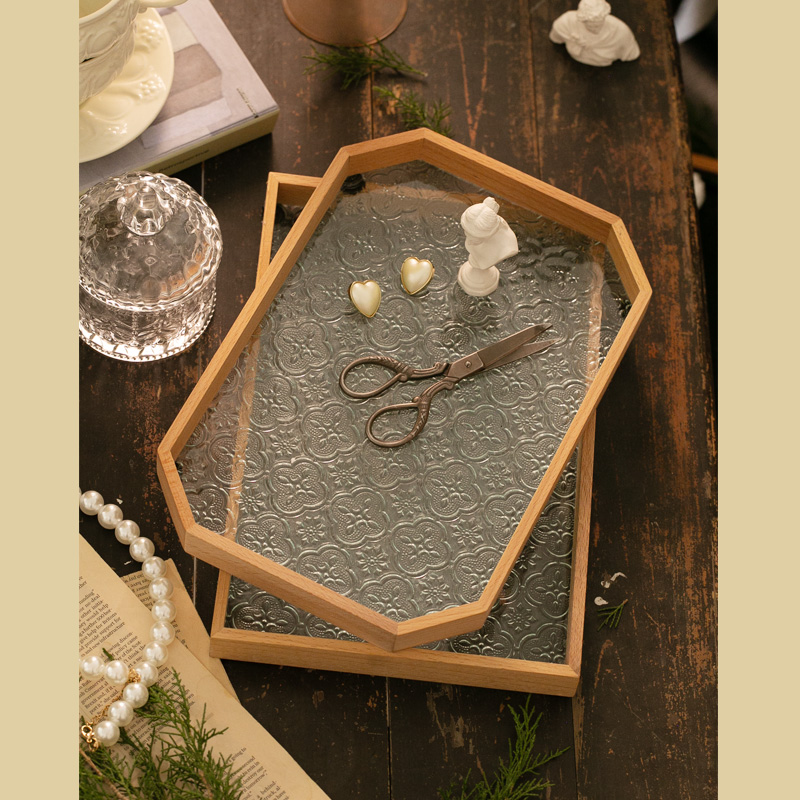 中古风海棠花浮雕玻璃托盘 收纳盘B 装饰盘 水果点心盘 茶水托道