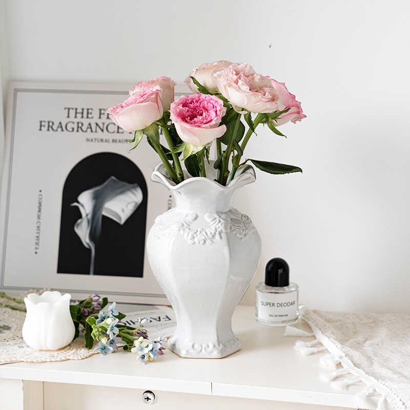 欧式创意陶瓷花瓶白色复古浮雕A水养插花鲜花客厅餐桌玄关装饰摆