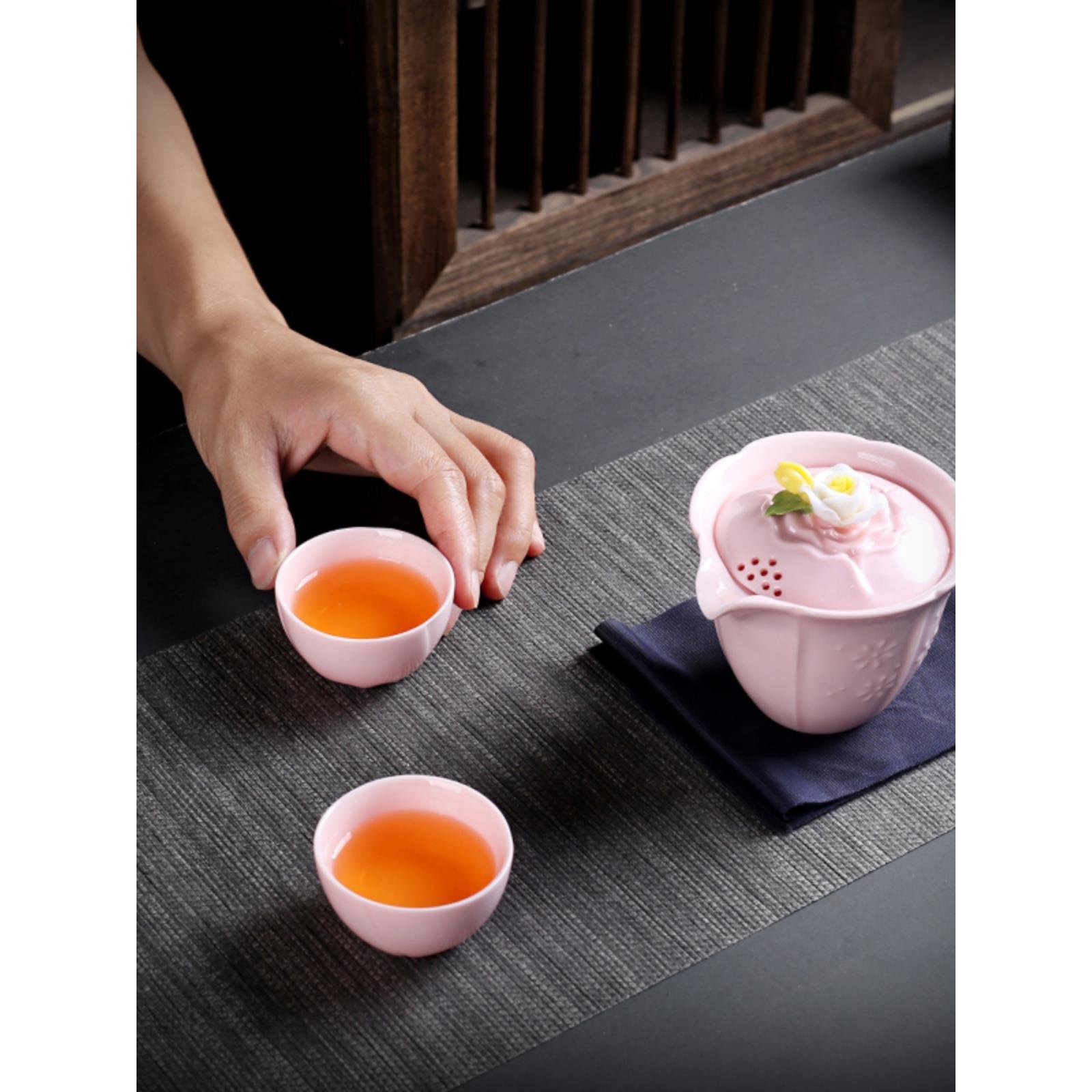 女士旅行陶花0211茶具捏快客杯瓷一壶三杯碗户外便携盖泡茶壶个人