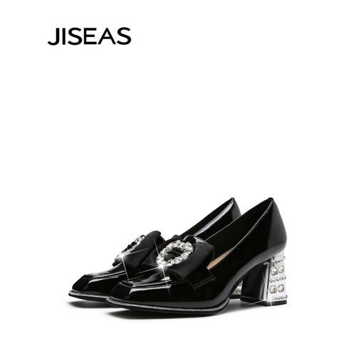 粗跟百搭方头水钻漆皮通勤高跟鞋