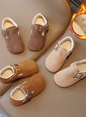 真皮儿童小皮鞋2025新款加绒勃肯鞋宝宝软底加厚鞋防滑保暖棉鞋