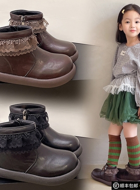 真皮女童马丁靴秋冬季新款蕾丝花边儿童短靴加绒保暖防滑公主皮靴