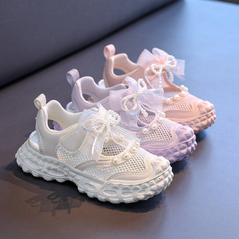 真皮女童凉鞋2026新款夏季蝴蝶结公主鞋软底防滑沙滩鞋镂空单网鞋