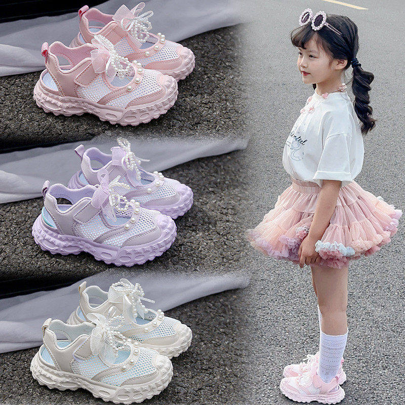 真皮女童凉鞋2026夏季新款运动风蝴蝶结公主鞋软底沙滩鞋包头凉鞋