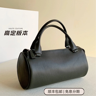 高定版本ROW风格Edith小牛大号皮笔筒包圆筒手提包黑色考拉灰