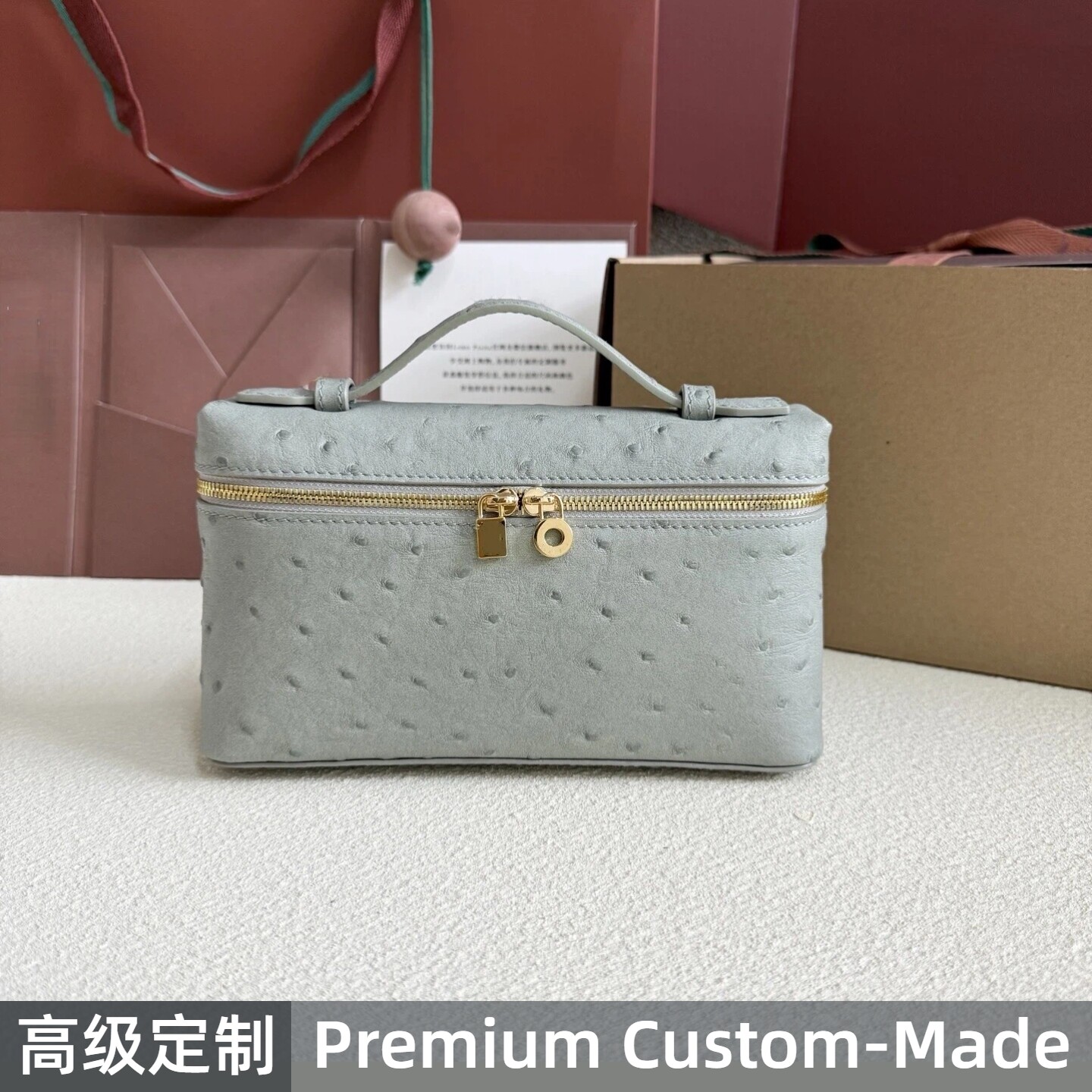 高定版本Extra Pocket鸵鸟皮纹LP19斜挎饭盒包GiGi同款手提化妆包
