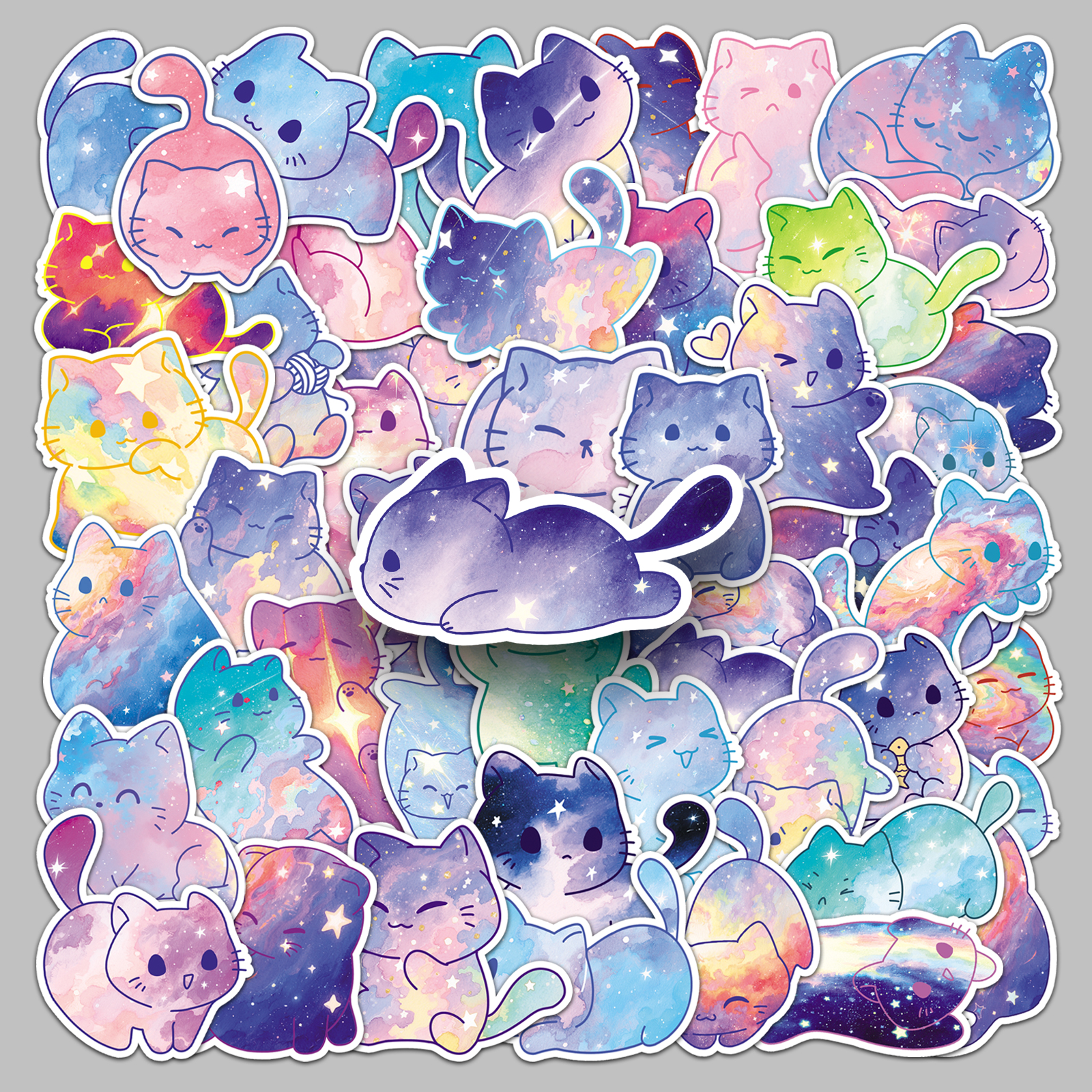 100张原创水彩星空猫咪贴纸卡通彩绘涂鸦装饰防水笔记本电脑头盔摩托车滑板手账日记耳机水杯相册行李箱贴纸