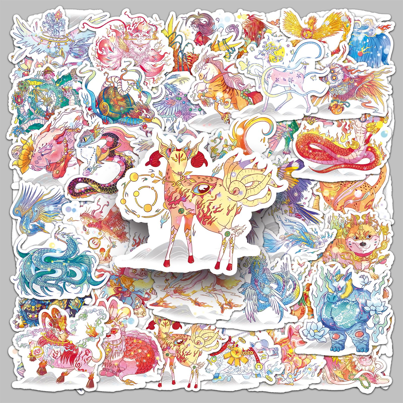 100张国潮山海经异兽插画高颜值中国风彩绘涂鸦DIY防水装饰手机