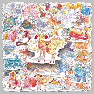 100张国潮山海经异兽插画高颜值中国风彩绘涂鸦DIY防水装饰手机壳平板电脑耳机壳冰箱保温杯滑板车行李箱贴纸