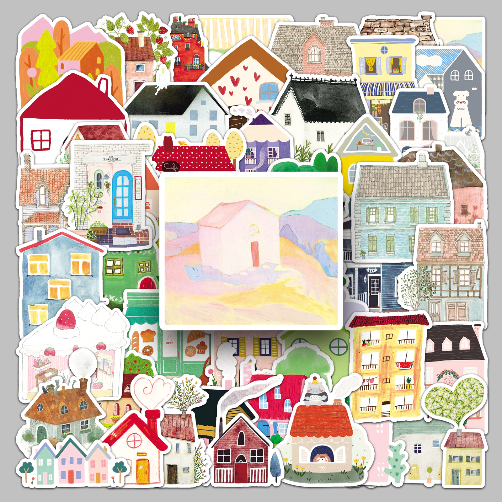 100张手绘房子小清新手帐贴纸女孩可爱卡通diy素材装饰手机壳文具衣柜iPad滑板车冰箱奶茶杯吉他汽车防水贴纸