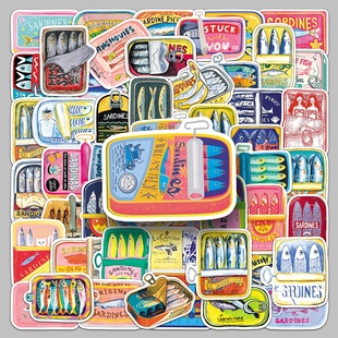 100张日式手绘秋刀鱼罐头贴纸可爱女孩手帐趣味涂鸦防水装饰厨房冰箱相册文具日记本拉杆箱杯子平板电脑贴纸