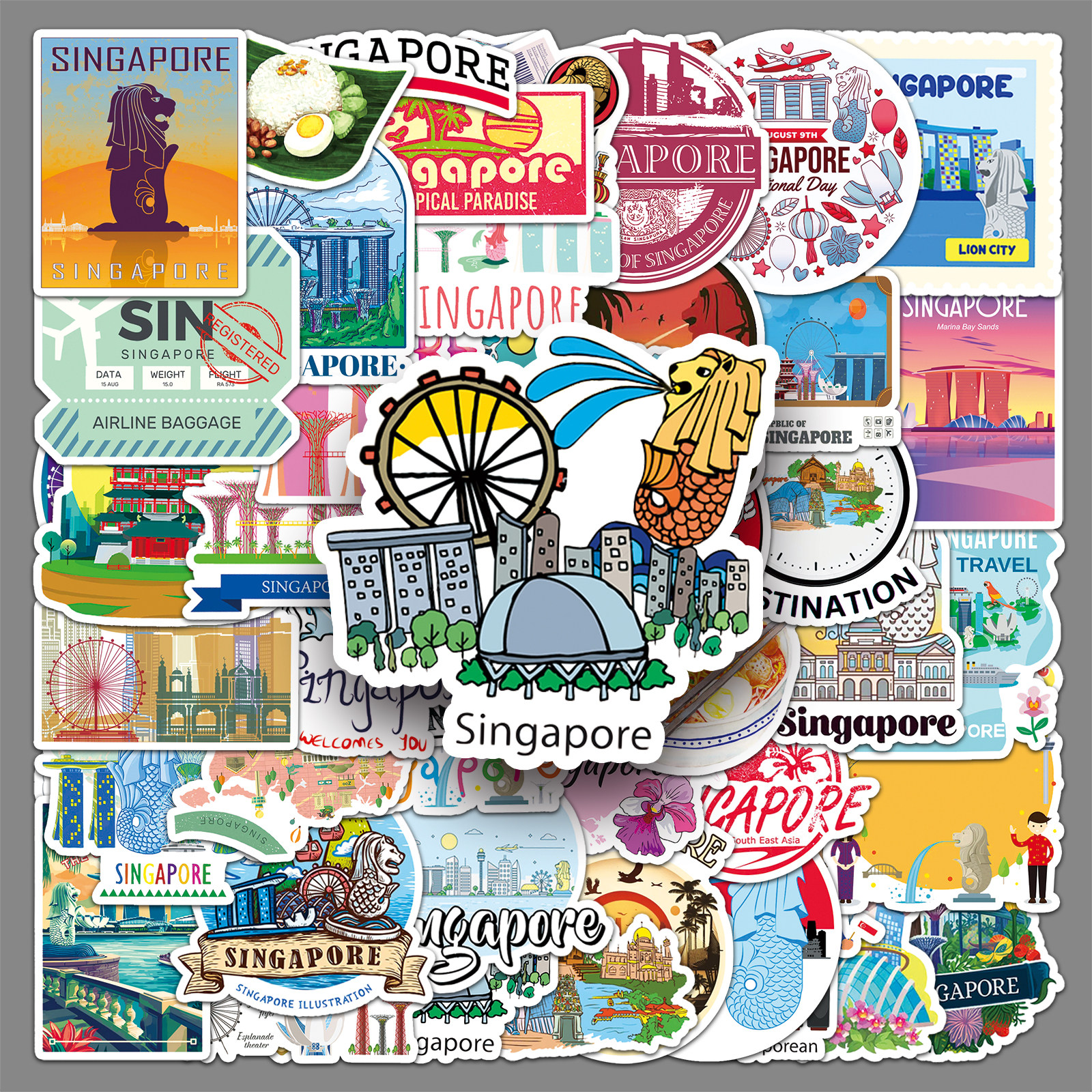 100张新加坡贴纸地域风情美丽风景创意卡通图案装饰笔记本电脑拉杆箱自行车滑板吉他水杯平板手机壳防水贴画