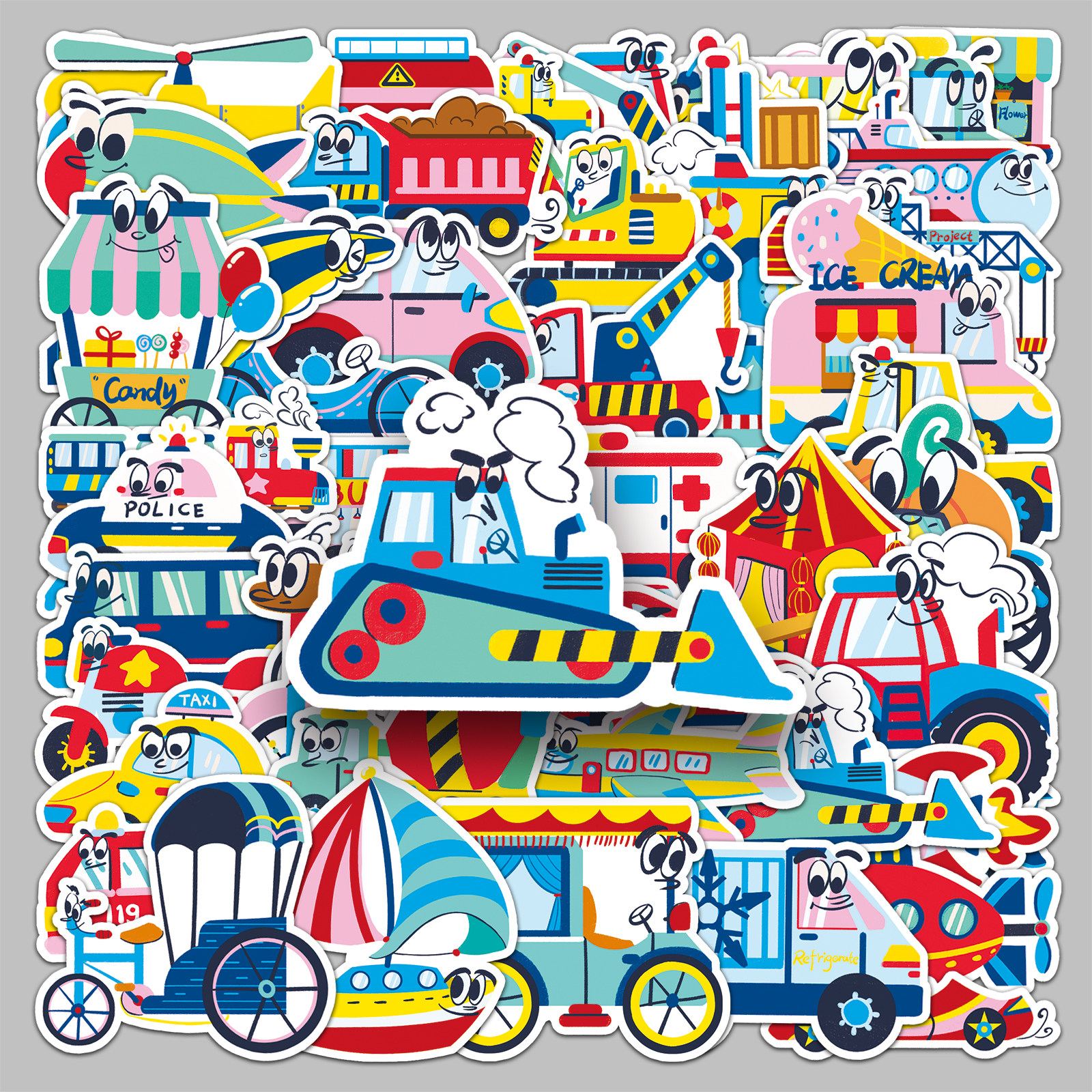 100张原创卡通交通工具贴纸挖掘机火车汽车可爱涂鸦防水图案装饰平