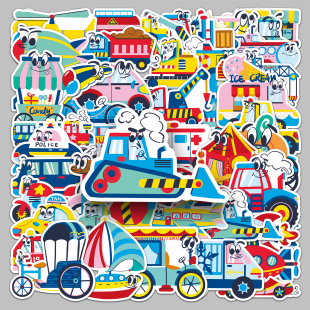 100张原创卡通交通工具贴纸挖掘机火车汽车可爱涂鸦防水图案装 饰平板头盔电动车行李箱吉他手机壳保温杯贴画