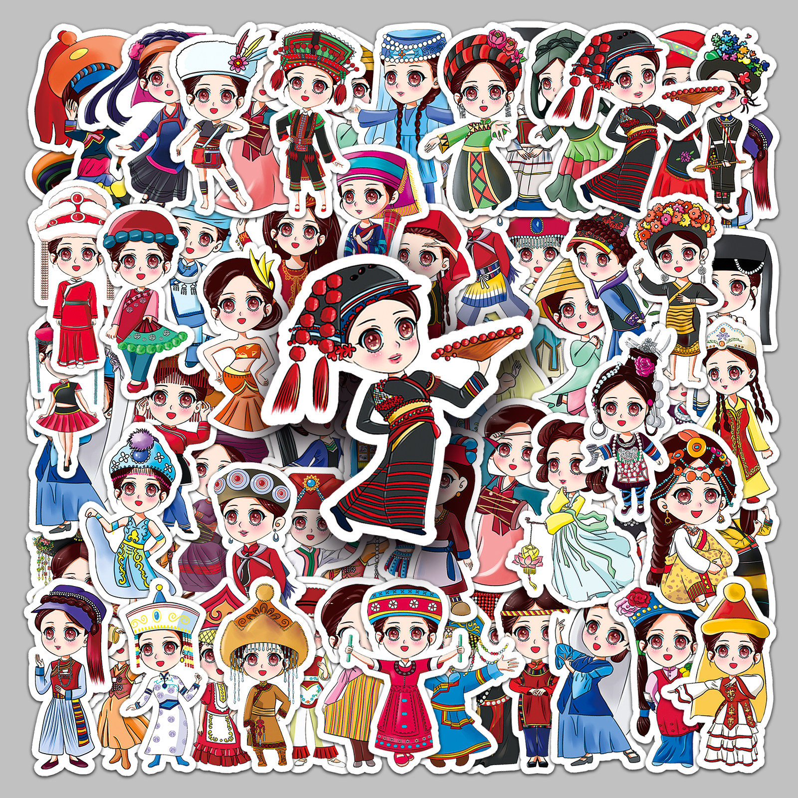112张56个名族贴纸汉族少数名族中国风卡通人物图案装饰贴画手机壳