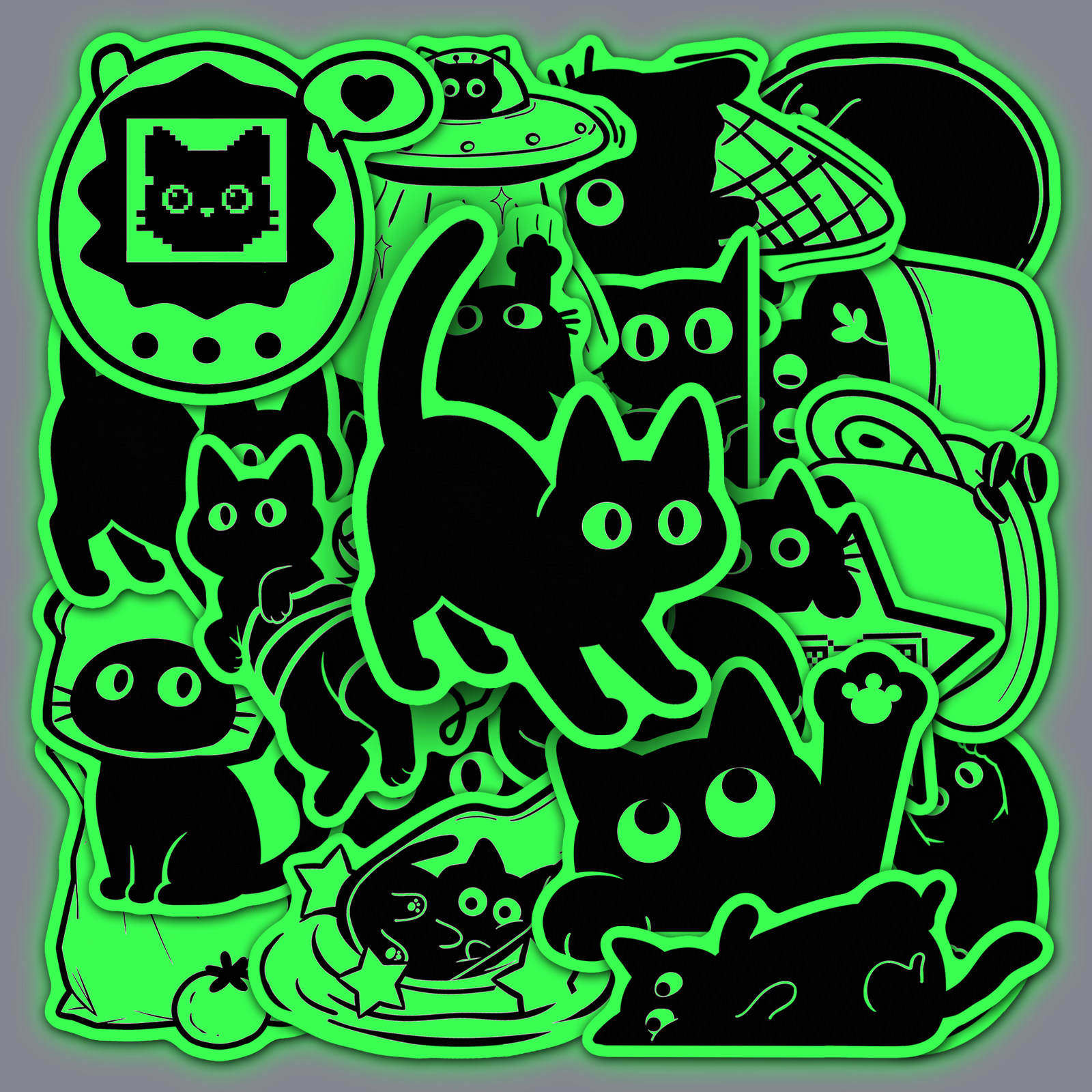 40张原创可爱黑猫夜光创意贴纸卡通猫咪涂鸦夜间荧光防水装饰笔记本电脑卧室房间墙壁吉他手机头盔摩托车贴纸