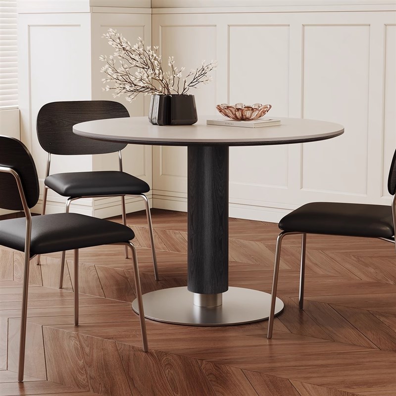 中古风实木餐桌圆桌2025新款家用小户型现代简约白色W岩板洽谈饭