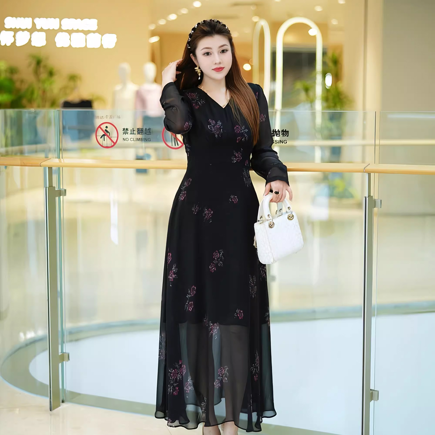 XYD71675法式印花复古长袖长裙气质显瘦收腰大码女装连衣裙