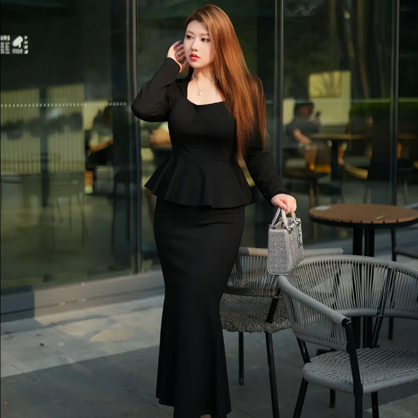 XY7314/XY7302赫本风复古收腰显瘦伞摆遮肚子大码上衣+鱼尾裙套装