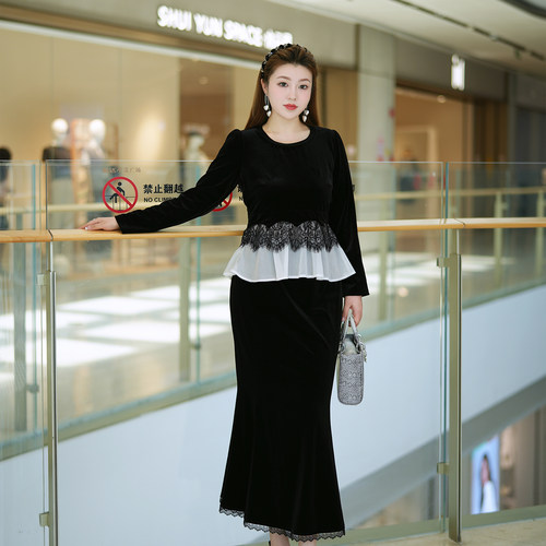 XYD71702/XYD71707丝绒鱼尾大码套装秋季贵气精致大码女装两件套