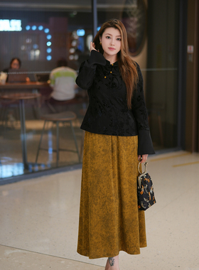 XYD71346/XYD71345国风素雅加绒上衣气质缎面半裙新中式大码套装