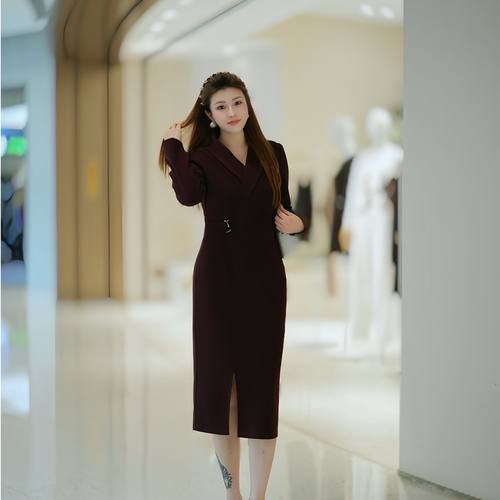 【不加绒】XYD71765优雅修身大码女装连衣裙时尚气质开叉名媛