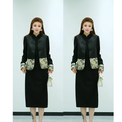 【连衣裙】XYD71822旗袍大气高级贵气立领大码女装修身大码连衣裙