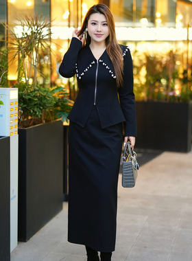 XYD71401/XYD71349气质珍珠边翻领显瘦套装大码两件套