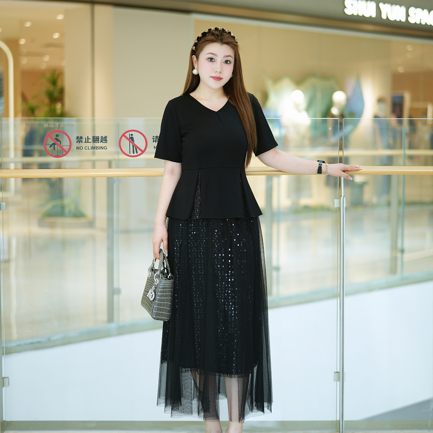 【半身裙】XYD71648网纱珠片拼接大摆中长款显瘦A字摆大码半身裙