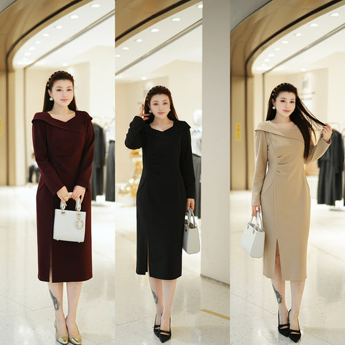XYD71775秋冬加绒厚款法式优雅中长款大码连衣裙知性温柔大码女装