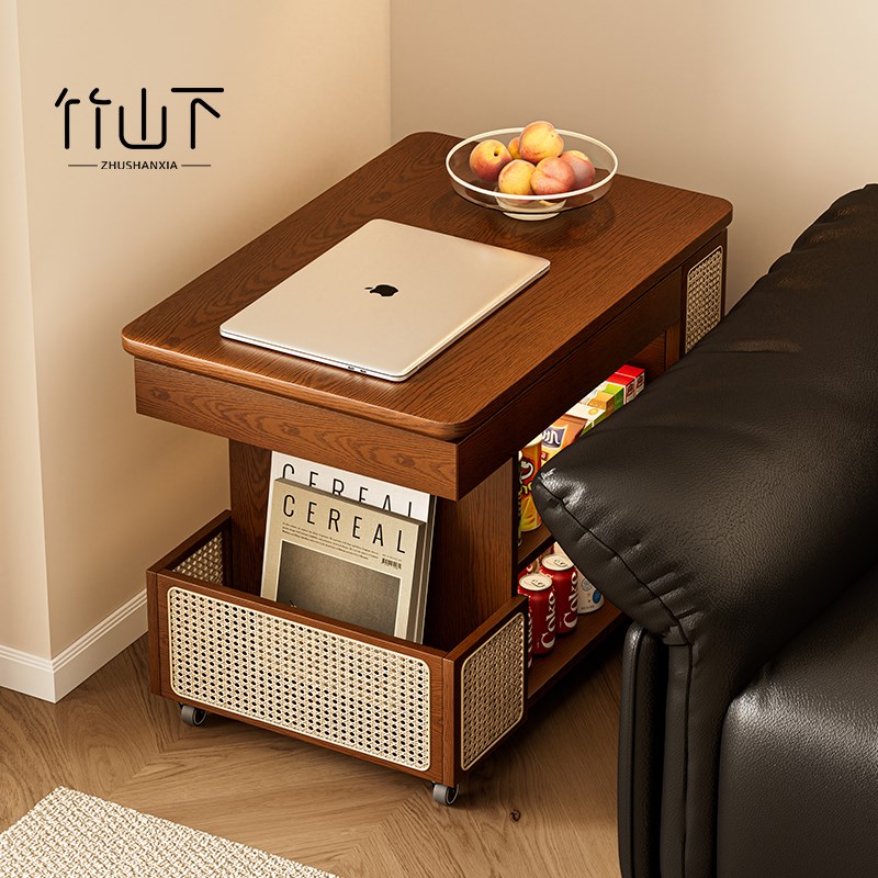 实木可推拉茶几客厅沙发边柜小户型中古风小推车P移动边几2025新