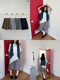 韩系复古百搭花苞格纹收褶中裤 新款 女 2026春季 言己见