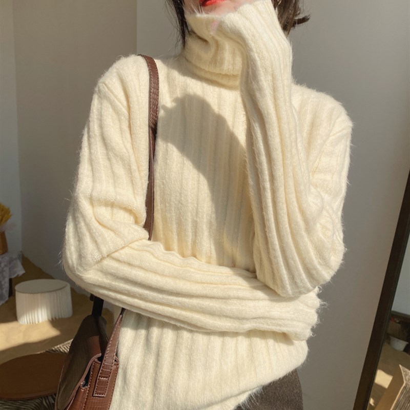 马海毛高领毛衣女秋冬慵懒风外穿软糯日系套头针织V衫加厚打底上