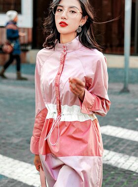 L9210秋新款 个性显白同款精品女装原创粉色连衣裙收腰长款衬衫裙