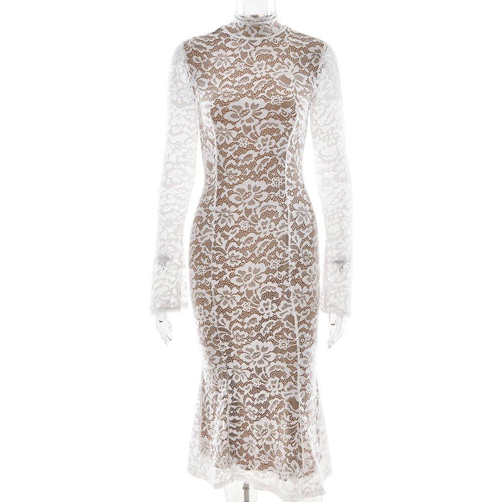 欧美跨境热销新款法式包臀中长裙 蕾丝长袖圆领鱼尾修身连衣裙,女装/女士精品,礼服/晚装,淘宝优惠券,粉丝福利购,淘宝优惠卷