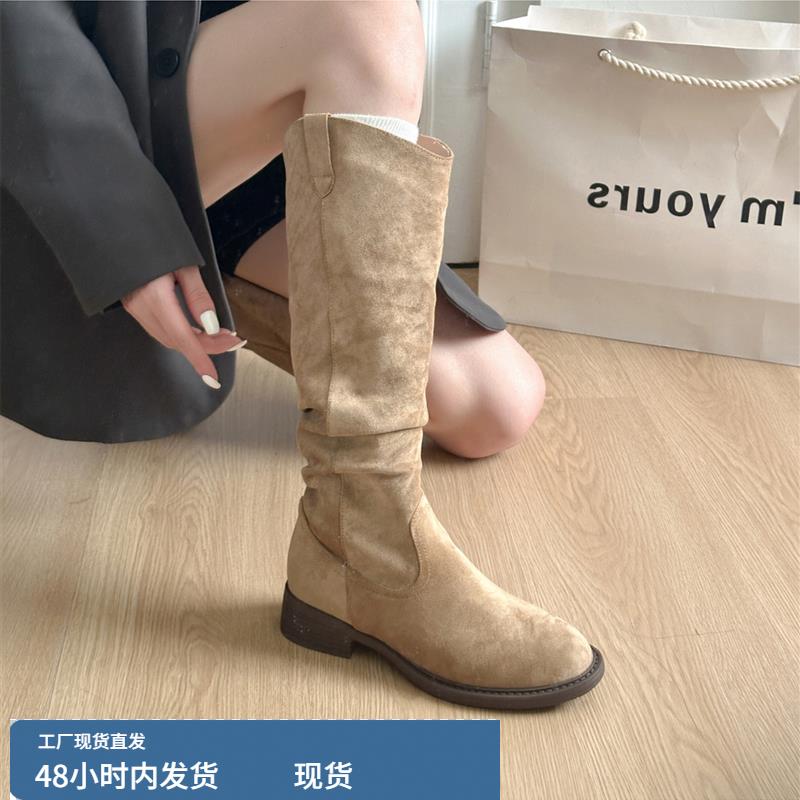 堆堆长靴女款2025新款棕色美拉德西部牛仔长筒靴子女靴高筒骑士靴