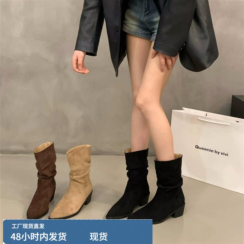 高跟尖头绒面堆堆靴中筒骑士靴女靴子2025秋冬季卡其色瘦瘦靴短靴