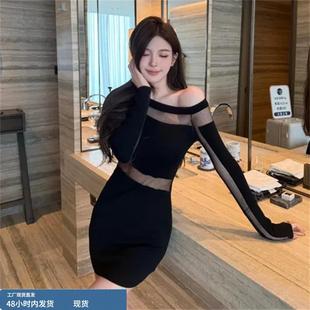 纯欲透视欧根纱针织连衣裙女秋冬性感斜肩收腰显瘦辣妹包臀短裙子