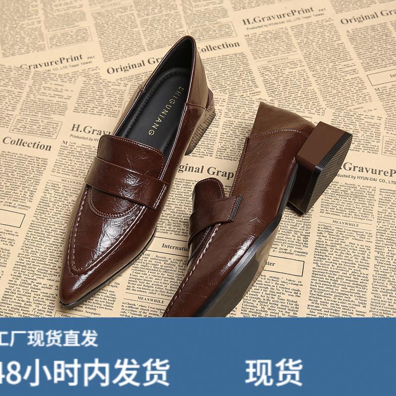 真皮简约晚晚尖头低跟3cm小单鞋女款2026春季超火绝美小跟小皮鞋图片