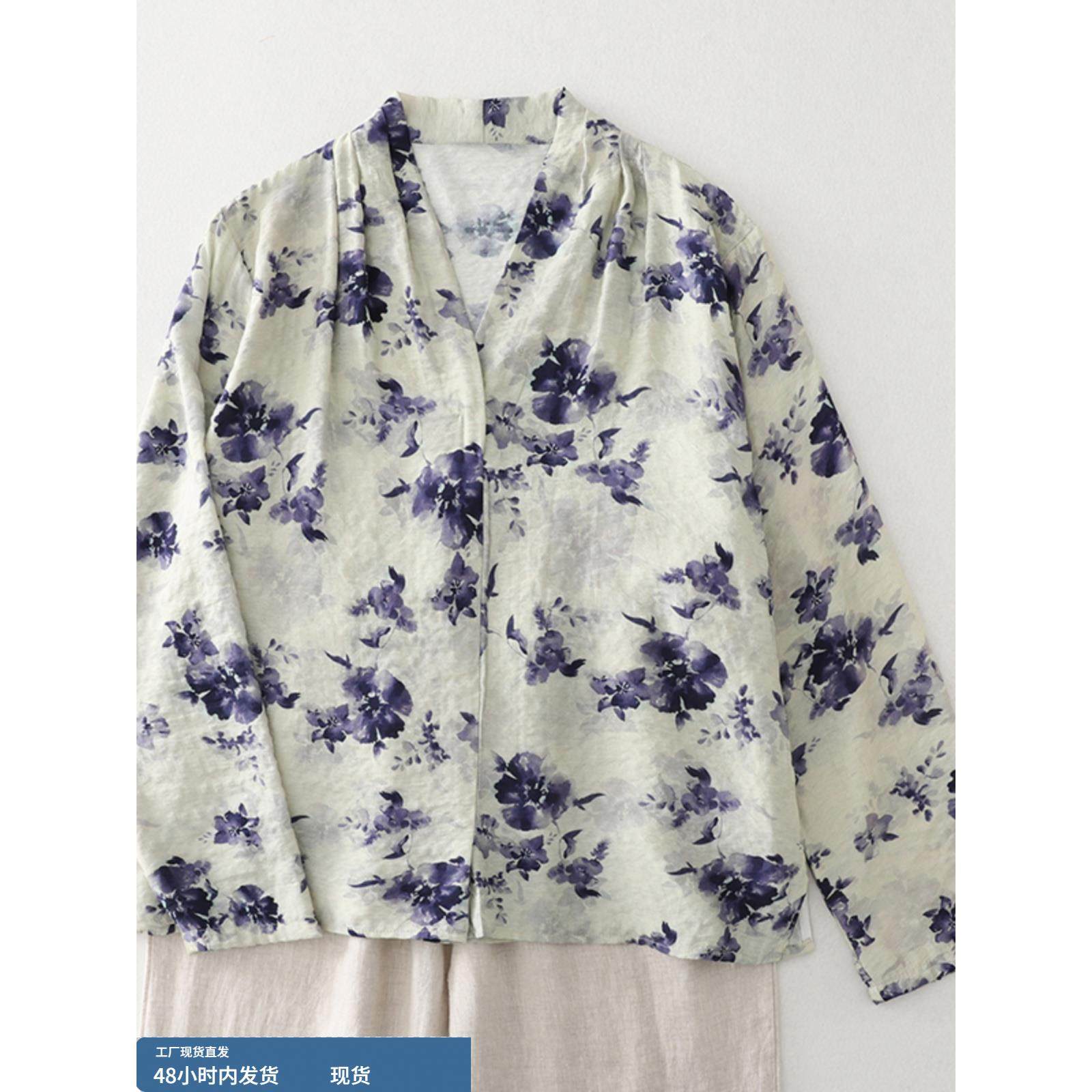 日系文艺大码印花长袖衬衣女款2025新款春秋爆款宽松v领衬衫上衣