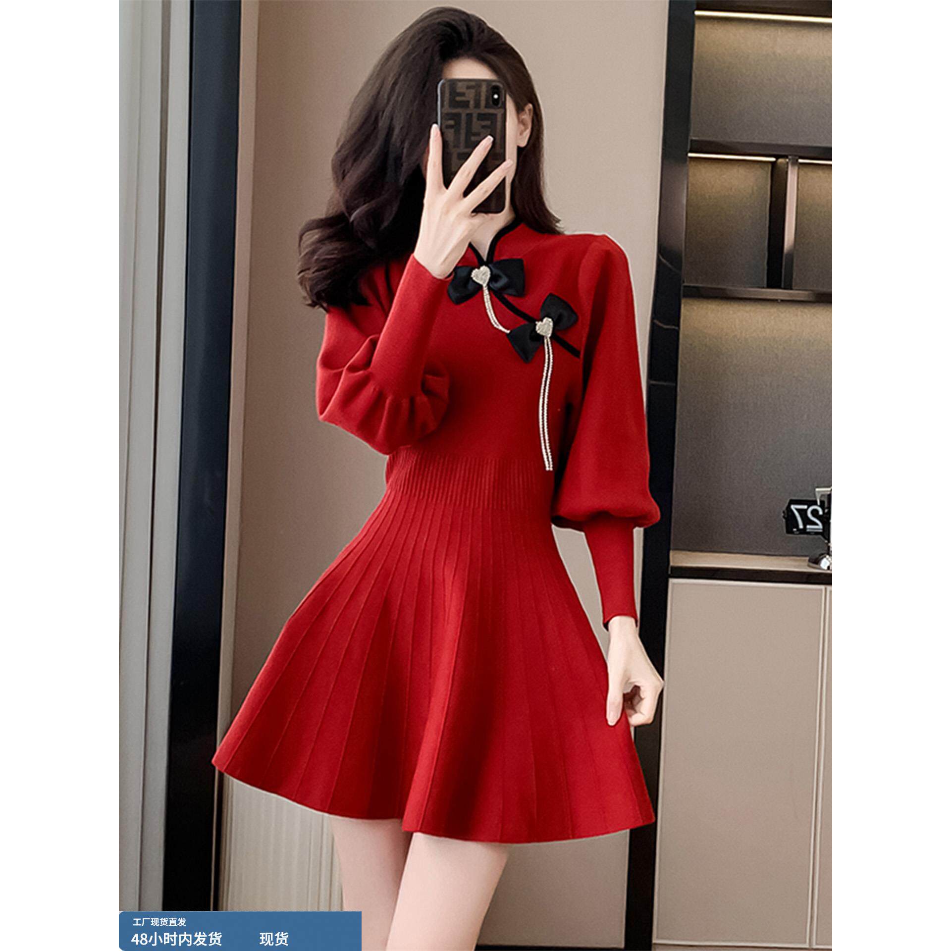 高端轻奢小众过年红色连衣裙女秋冬2025新款收腰显瘦针织毛衣短裙