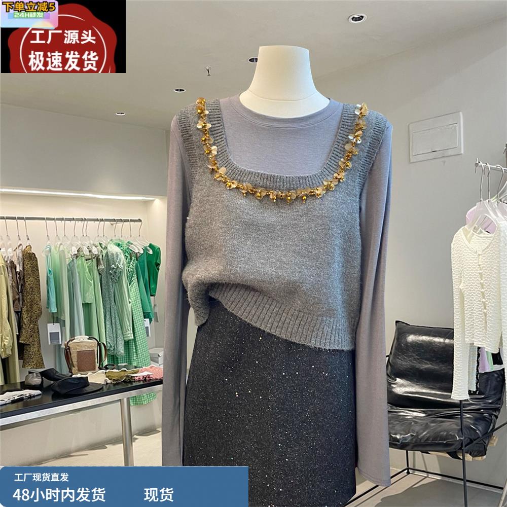 东大门2025春季学院风时尚纯色打底衫套头高腰背心两件套毛衣女