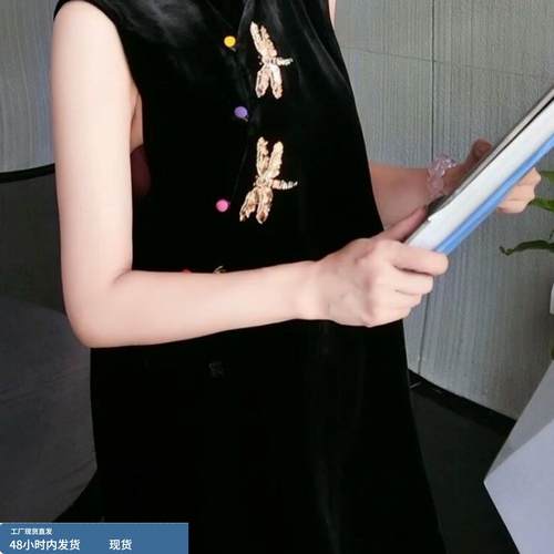 欧洲站2025年秋季高级感国风立领马甲女亮片蜻蜓彩扣宽松丝绒上衣