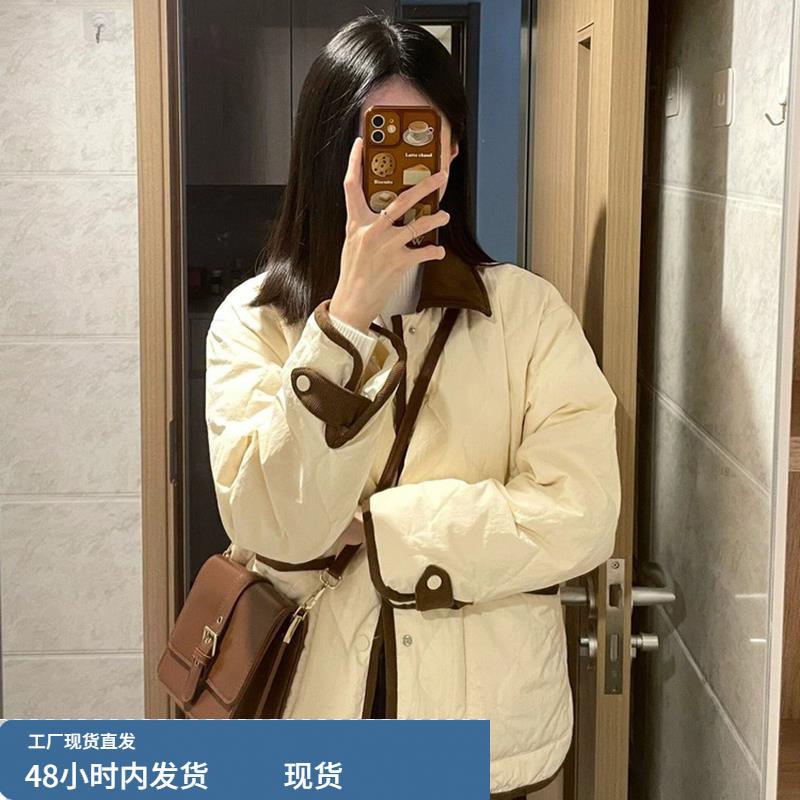 轻薄菱格白鸭绒羽绒服女设计感宽松小个子翻领棉服衣短外套秋冬季